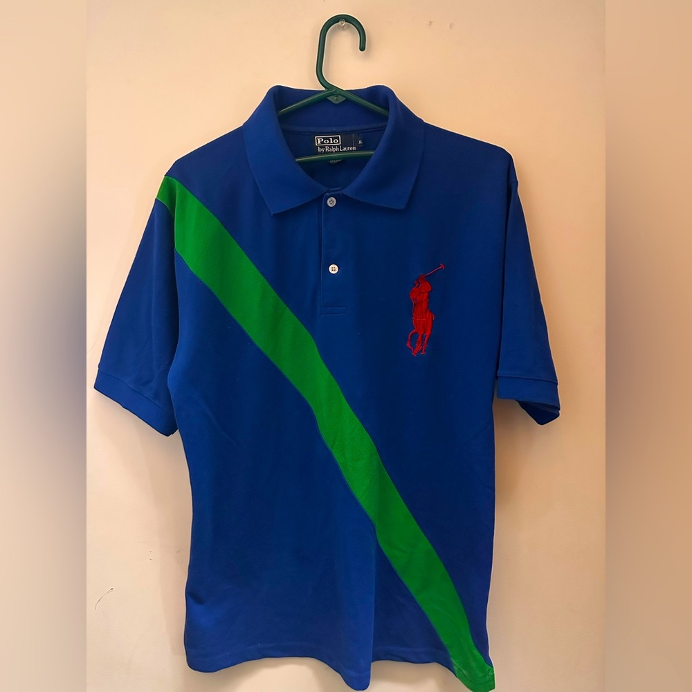 Blue Polo Shirt with a Green stripe and a red Polo Logo